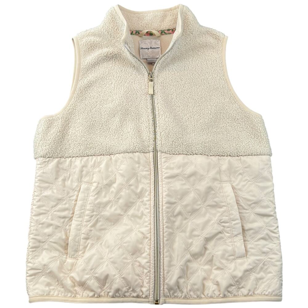 Tommy Bahama Faux Sherpa Quilted Hybrid Full Zip Vest Cream Women’s S
